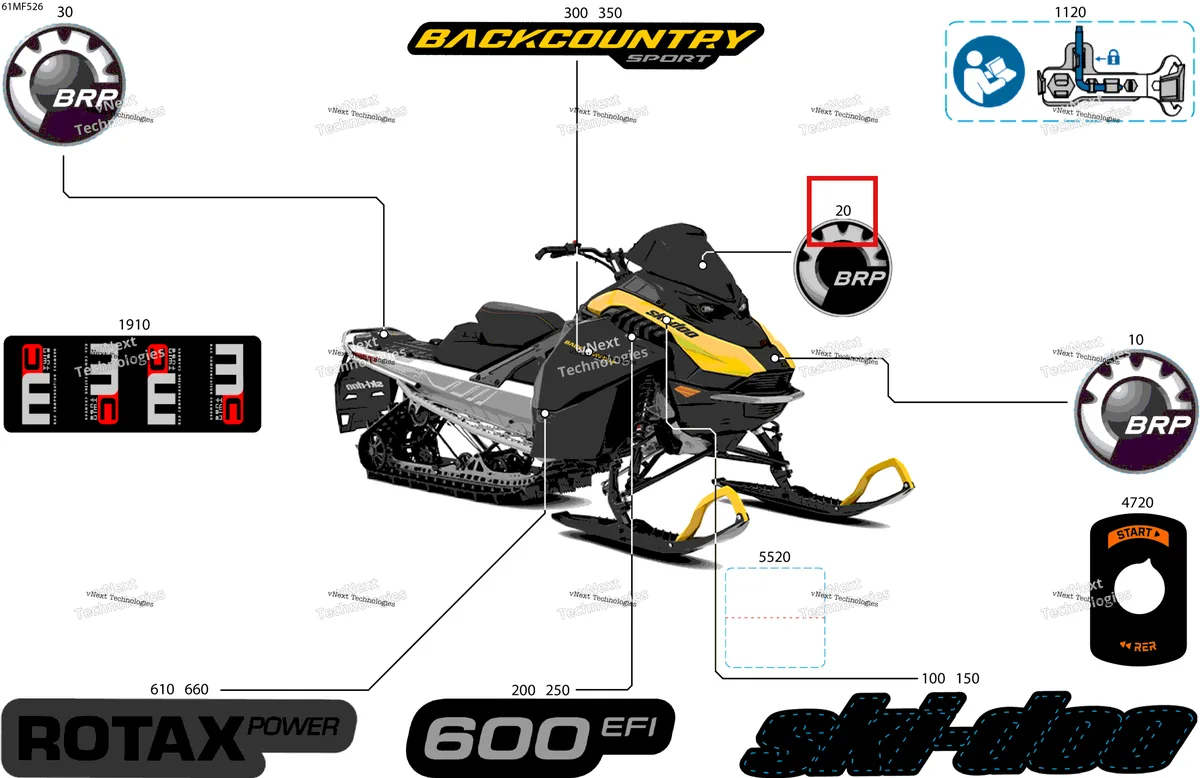 Деталь 704910024 на схеме узла 2026 Ski-Doo BACKCOUNTRY - SPORT - 600 EFI - UBTA - Neo Yellow - 16X146X2.0P Track Body - Decals