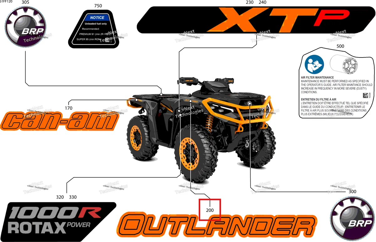 Деталь 704910410 на схеме узла 2026 Can-Am OUTLANDER - 4X4 - XTP - 1000R - 4HTB - CALI - Mineral Gray Satin Body - Feature Decals