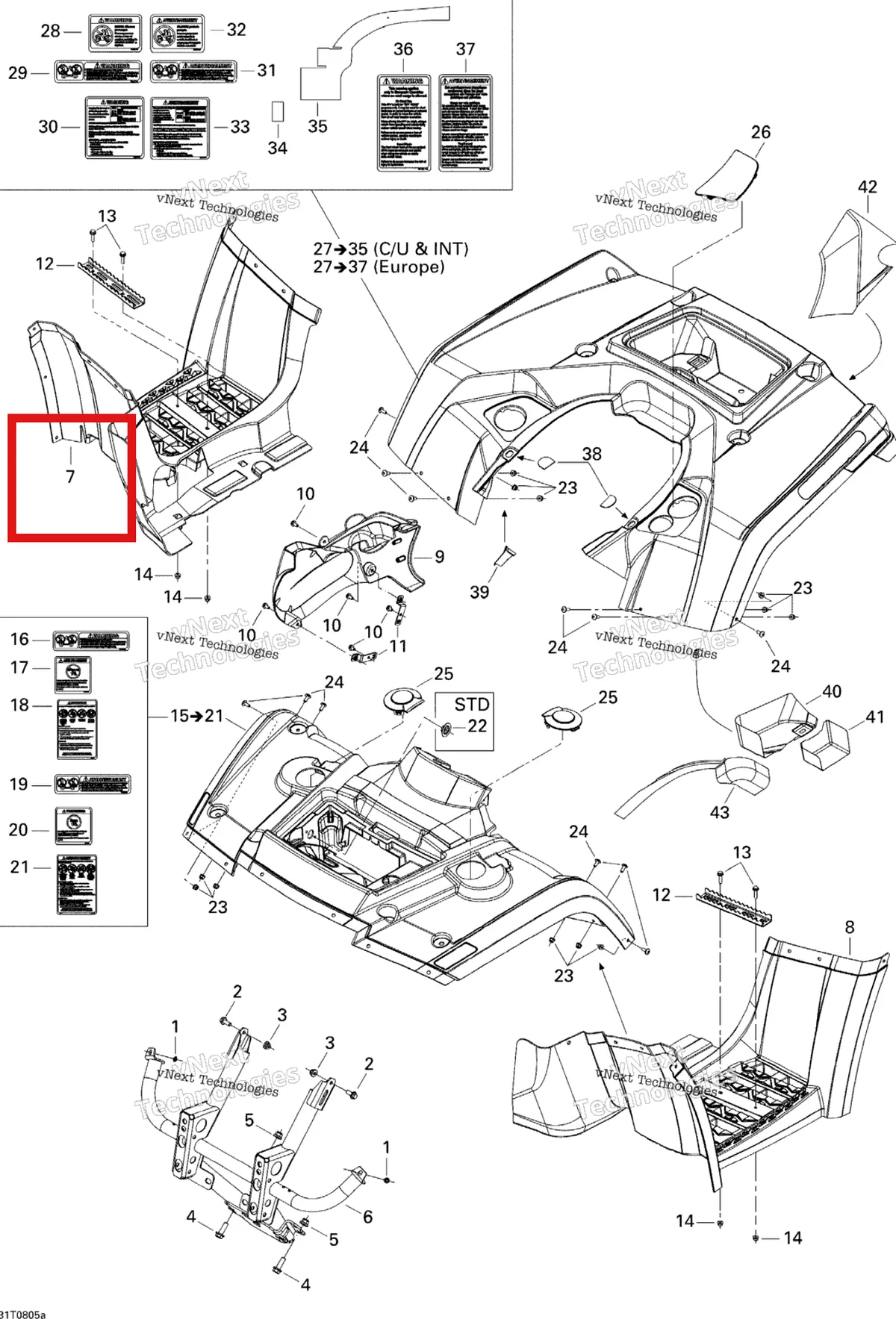 Деталь 705001311 (Правый подножка Can-Am Outlander 650 XT (2008) (705001311)) на схеме узла 2008 Can-Am Outlander 400 EFI STD Body And Accessories 1, Std