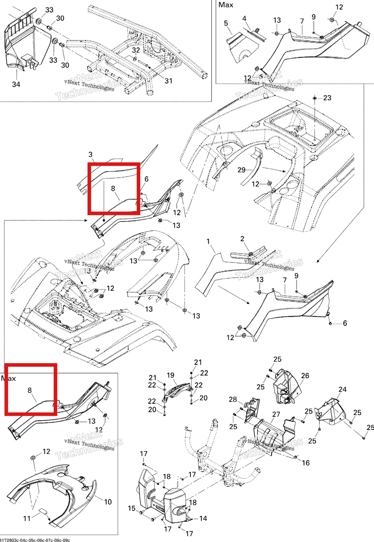 Деталь 705001943 (Правый Lateral панель красный Viper красный Can-Am Outlander MAX 800 XT (2008) (705001943)) на схеме узла 2009 Can-Am Outlander Max 800R EFI XT Body And Accessories 3, Xt