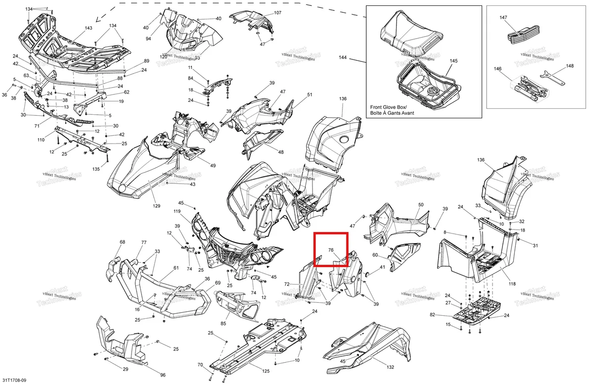Деталь 705004587 (Правый внутренний крыло Can-Am Outlander 1000 EFI DPS XT XT-P (2014) (705004587)) на схеме узла 2018 Can-Am OUTLANDER 6X6 - 650 EFI Body And Accessories, Front View_1