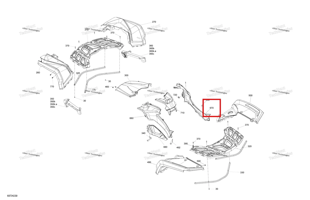 Деталь 705009764 на схеме узла 2021 Can-Am Outlander 650 EFI - STD DPS XT Mossy Oak Edition Body - Fender Kit