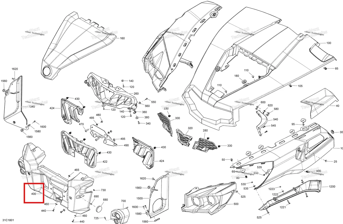 Деталь 705010654 на схеме узла 2018 Can-Am COMMANDER 800R EFI Body And Accessories Commander Non Max - Front Break Up Country Camo Models