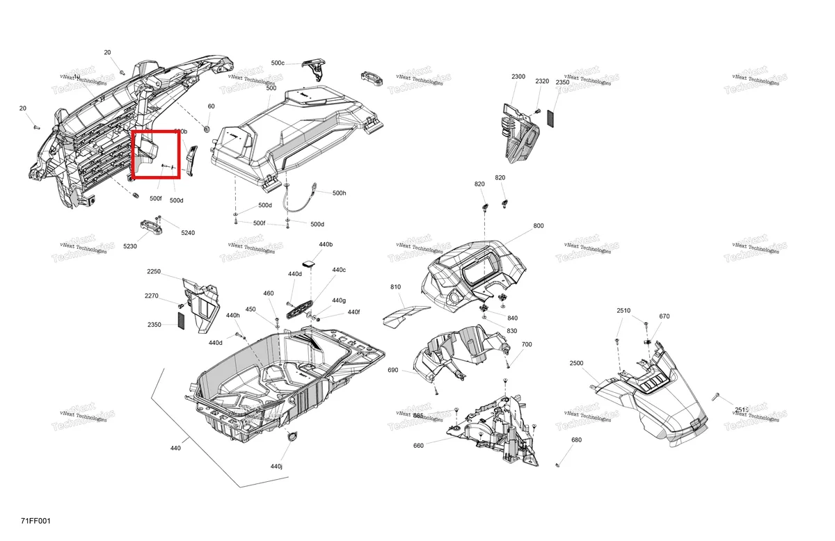 Деталь 705013201 (Передний решётка Can-Am Outlander 4x4 DPS 700 (2025) (705013201)) на схеме узла 2026 Can-Am OUTLANDER - 2X4 - STD - 500 - 1KTB - Legion Red Body - Front Section