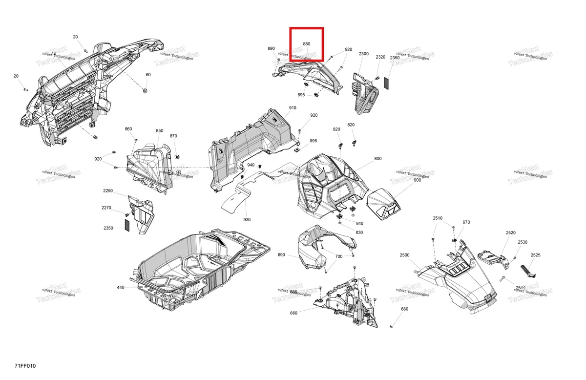 Деталь 705014884 (Правый радиатор защита Can-Am Outlander 4x4 XMR 1000R (2025) (705014884)) на схеме узла 2026 Can-Am OUTLANDER - 4X4 - XMR - 700 - 1STA - Dark Wildland Camo Body - Front Section