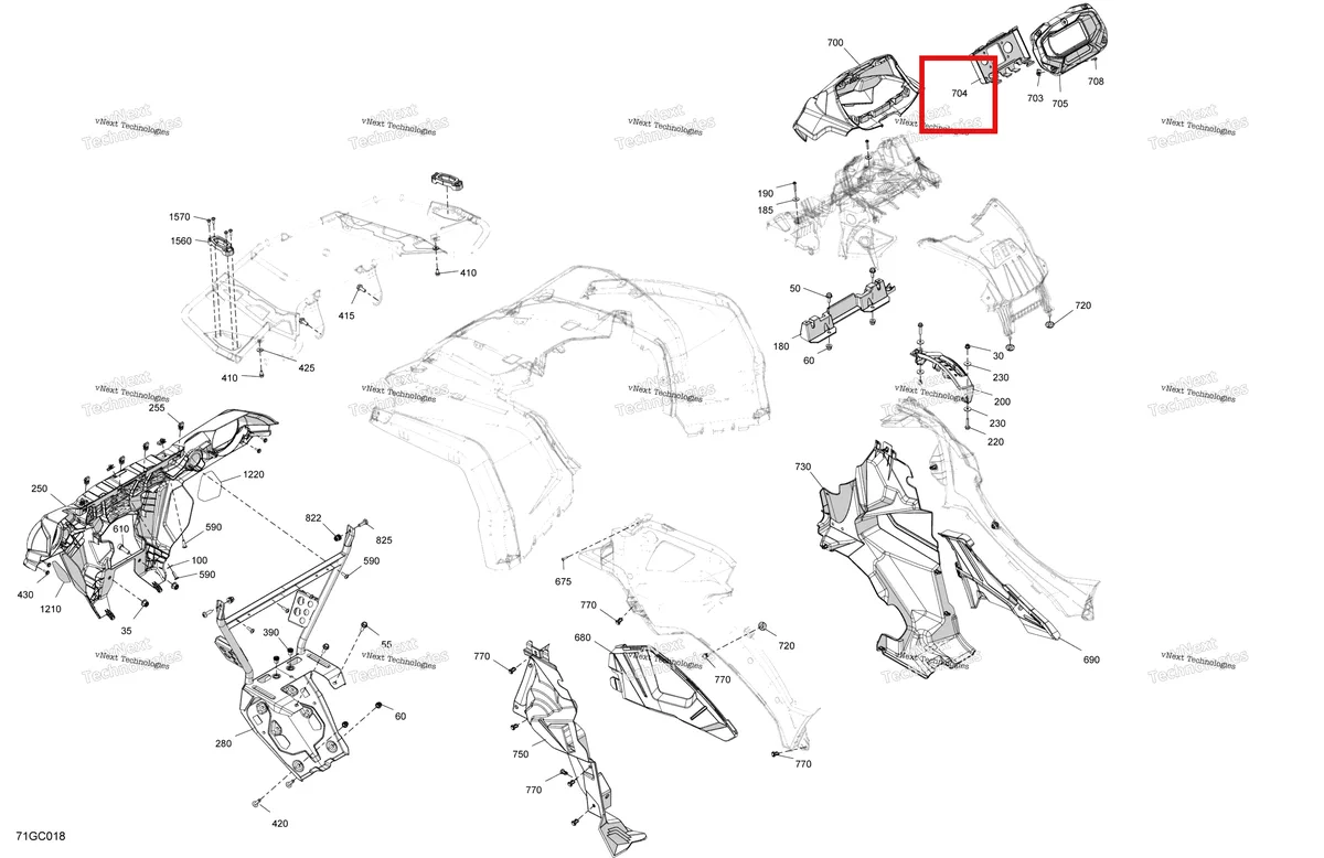 Деталь 705015548 (Interior указатель опора Can-Am Outlander 570 EFI XT (2022) (705015548)) на схеме узла 2023 Can-Am Outlander 450 EFI - Mossy Oak Edition Body - Front Section