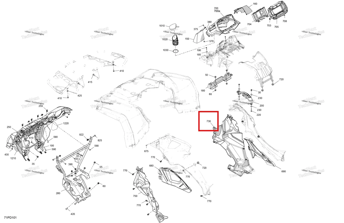 Деталь 705017023 (Правый передний колесо дуга защита Can-Am Outlander 570 EFI XT (2022) (705017023)) на схеме узла 2024 Can-Am Outlander MAX 450 EFI 6X6 - 4ZRA - DPS Package - Tundra Green Body - Front Section