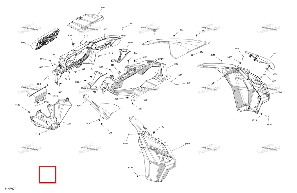 Деталь 705017561 (Передний нижний радиатор дефлектор Can-Am Maverick MAX Turbo RR XRS Smart Shock (2024) (705017561)) на схеме узла 2026 Can-Am Maverick Max - TURBO - DS - 7WTB - Dusty Navy Satin - 64