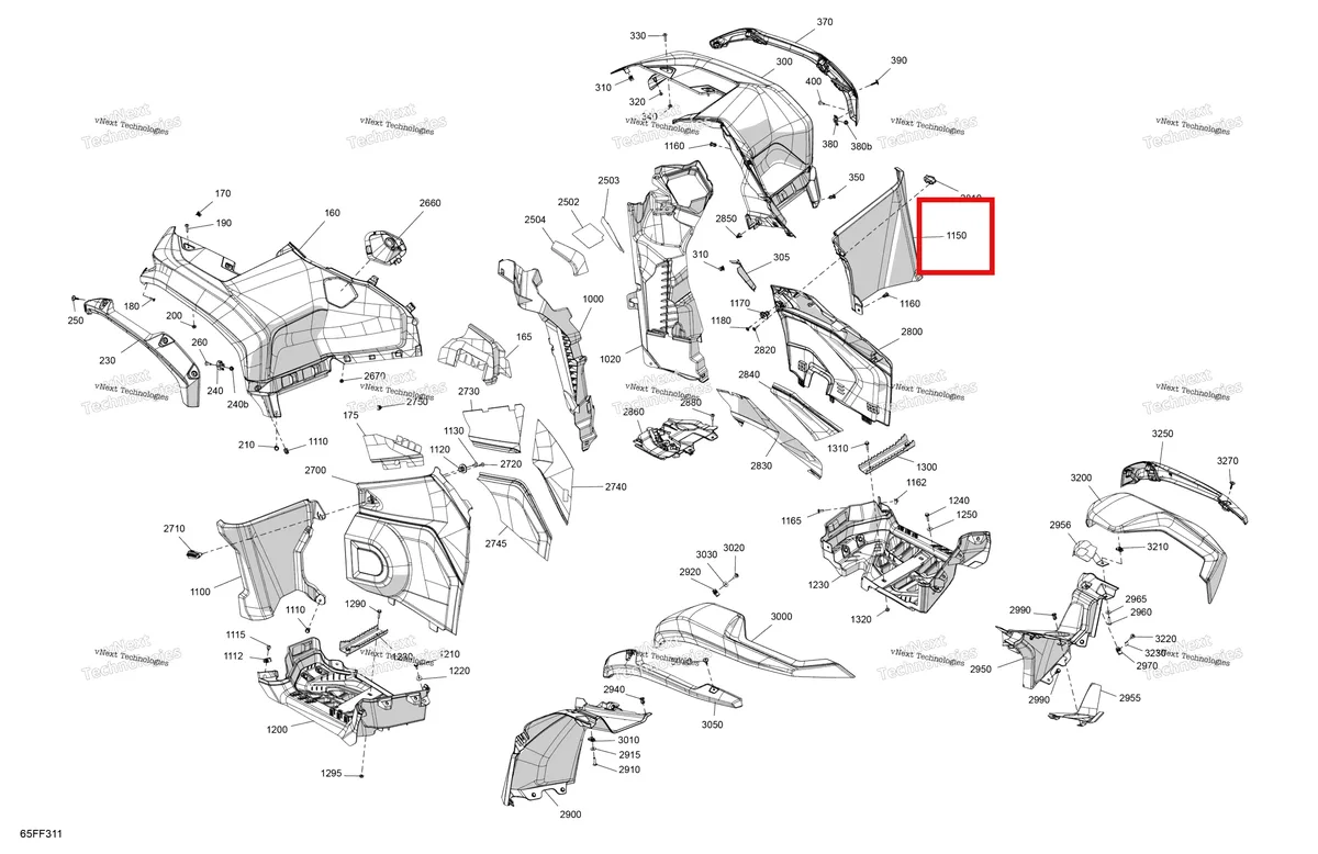 Деталь 705017659 (Правый верхний подножка Can-Am Outlander 4x4 XT 1000R (2025) (705017659)) на схеме узла 2026 Can-Am OUTLANDER - 4X4 - XMR - 1000R - 4LTA - Granite Grey Body - Fender Kit