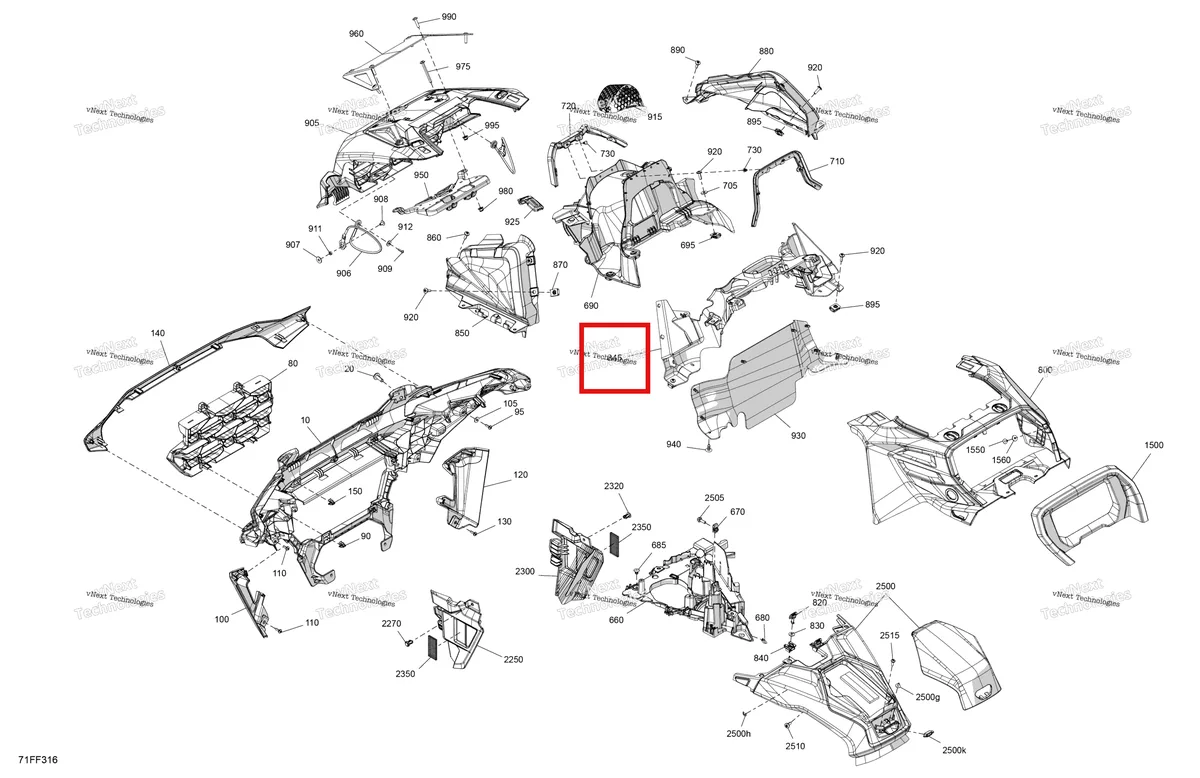 Деталь 705018405 (Нижний приборная панель опора Can-Am Outlander 4x4 XMR 1000R (2025) (705018405)) на схеме узла 2026 Can-Am OUTLANDER - 4X4 - XMR - 1000R - 4LTD - Loft Green Satin Body - Front Section