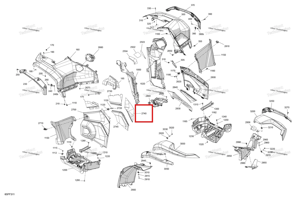 Деталь 705019071 (Левый задний теплозащитный экран Can-Am Outlander 4x4 XT 1000R (2025) (705019071)) на схеме узла 2026 Can-Am OUTLANDER - 4X4 - XMR - 1000R - 4LTA - Granite Grey Body - Fender Kit