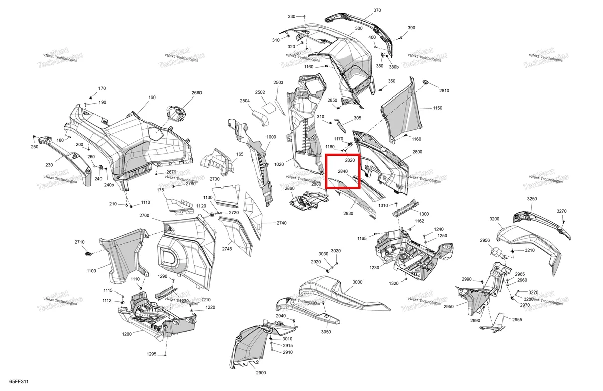 Деталь 705019072 (Правый нижний теплозащитный экран Can-Am Outlander 4x4 XT 1000R (2025) (705019072)) на схеме узла 2026 Can-Am OUTLANDER - 4X4 - XMR - 1000R - 4LTA - Granite Grey Body - Fender Kit