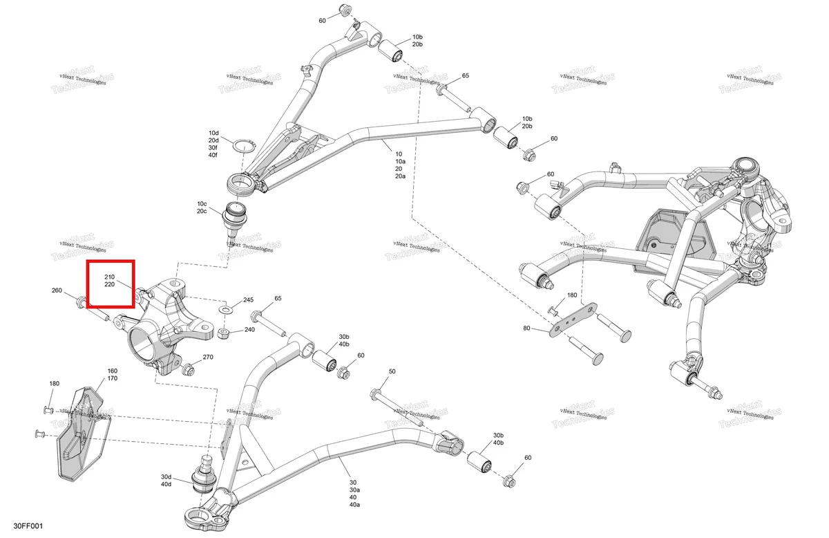 Деталь 706203213 (Правый поворотный кулак Can-Am Outlander 4x4 XT 1000R (2025) (706203213)) на схеме узла 2026 Can-Am OUTLANDER - 4X4 - STD - 700 - 1CTB - CALI - Granite Grey Suspension - Front Components