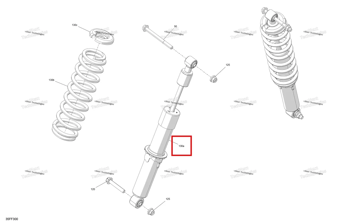 Деталь 706204243 (Передний амортизатор Can-Am Outlander 4x4 XT 1000R (2025) (706204243)) на схеме узла 2026 Can-Am OUTLANDER - 4X4 - XT - 1000R - 4FTE - CALI - Compass Green Suspension - Front Shocks