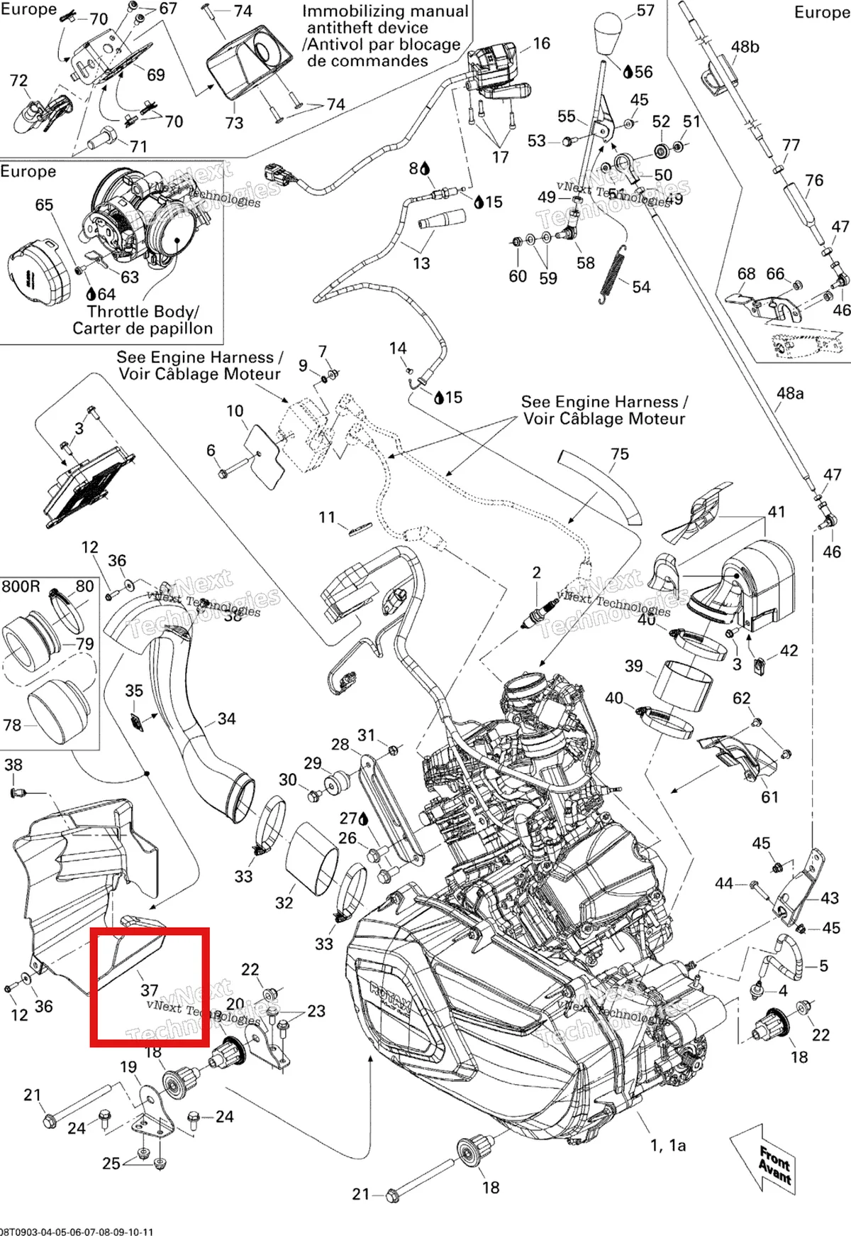 Деталь 707000461 (Водяной дефлектор Can-Am Outlander MAX 800 XT (2008) (707000461)) на схеме узла 2009 Can-Am Outlander 800R EFI XT Engine And Engine Support