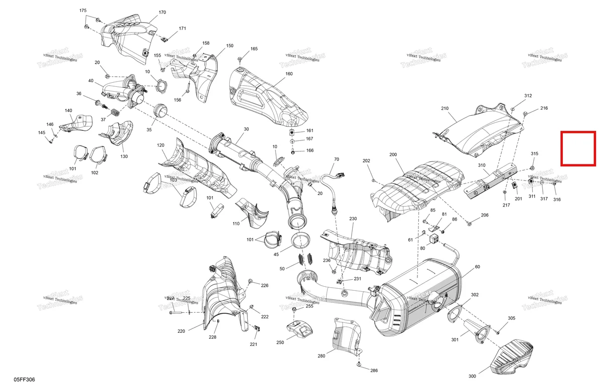 Деталь 707602584 (Теплозащитный экран Can-Am Outlander 4x4 XT 1000R (2025) (707602584)) на схеме узла 2026 Can-Am OUTLANDER - 4X4 - BACKCOUNTRY - 1000R - 4NTA - CALI - Dark Camo Engine - Exhaust