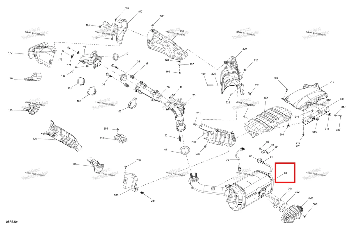 Деталь 707602620 (Выпуск глушитель Can-Am Outlander 4x4 XT 1000R (2025) (707602620)) на схеме узла 2025 Can-Am OUTLANDER - 4X4 - XT - 1000R - 4FSA - Platinum Silver Satin Engine - Exhaust