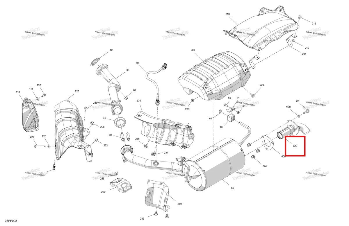 Деталь 707602969 (Tail труба Can-Am Outlander 4x4 DPS 700 (2025) (707602969)) на схеме узла 2026 Can-Am OUTLANDER - 4X4 - STD - 700 - 1CTC - Legion Red Engine - Exhaust