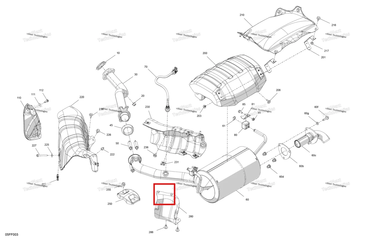 Деталь 707603004 (Теплозащитный экран Can-Am Outlander 4x4 DPS 700 (2025) (707603004)) на схеме узла 2026 Can-Am OUTLANDER - 2X4 - STD - 500 - 1KTB - Legion Red Engine - Exhaust
