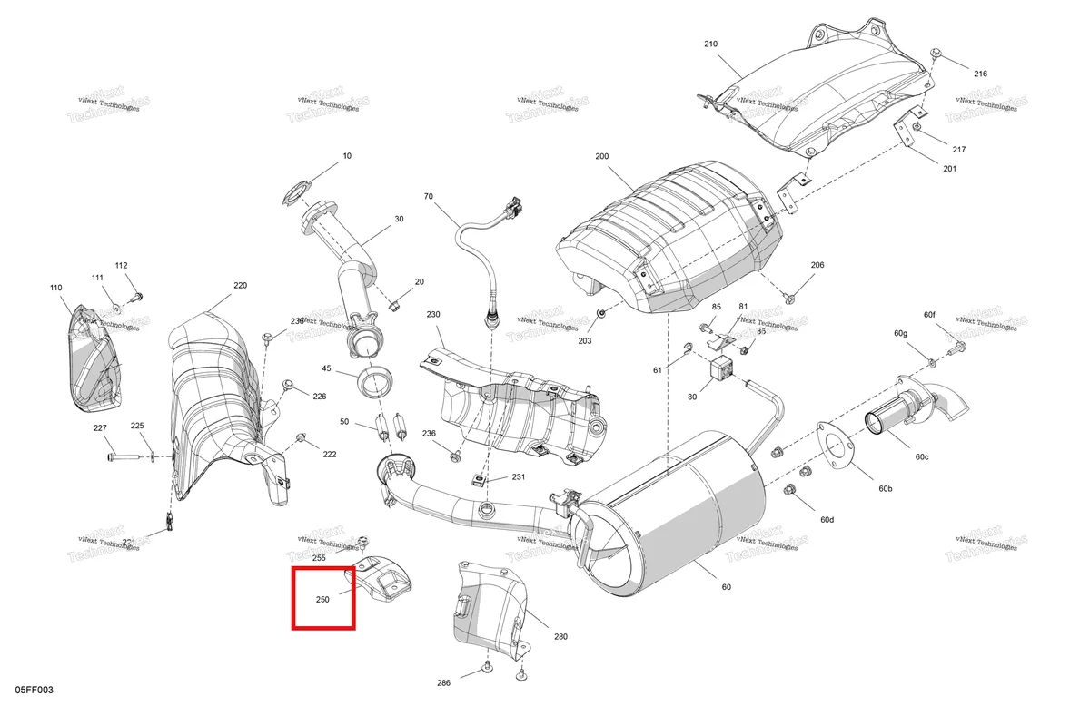 Деталь 707603005 (Теплозащитный экран Can-Am Outlander 4x4 XT 1000R (2025) (707603005)) на схеме узла 2026 Can-Am OUTLANDER - 4X4 - STD - 700 - 1CTC - Legion Red Engine - Exhaust