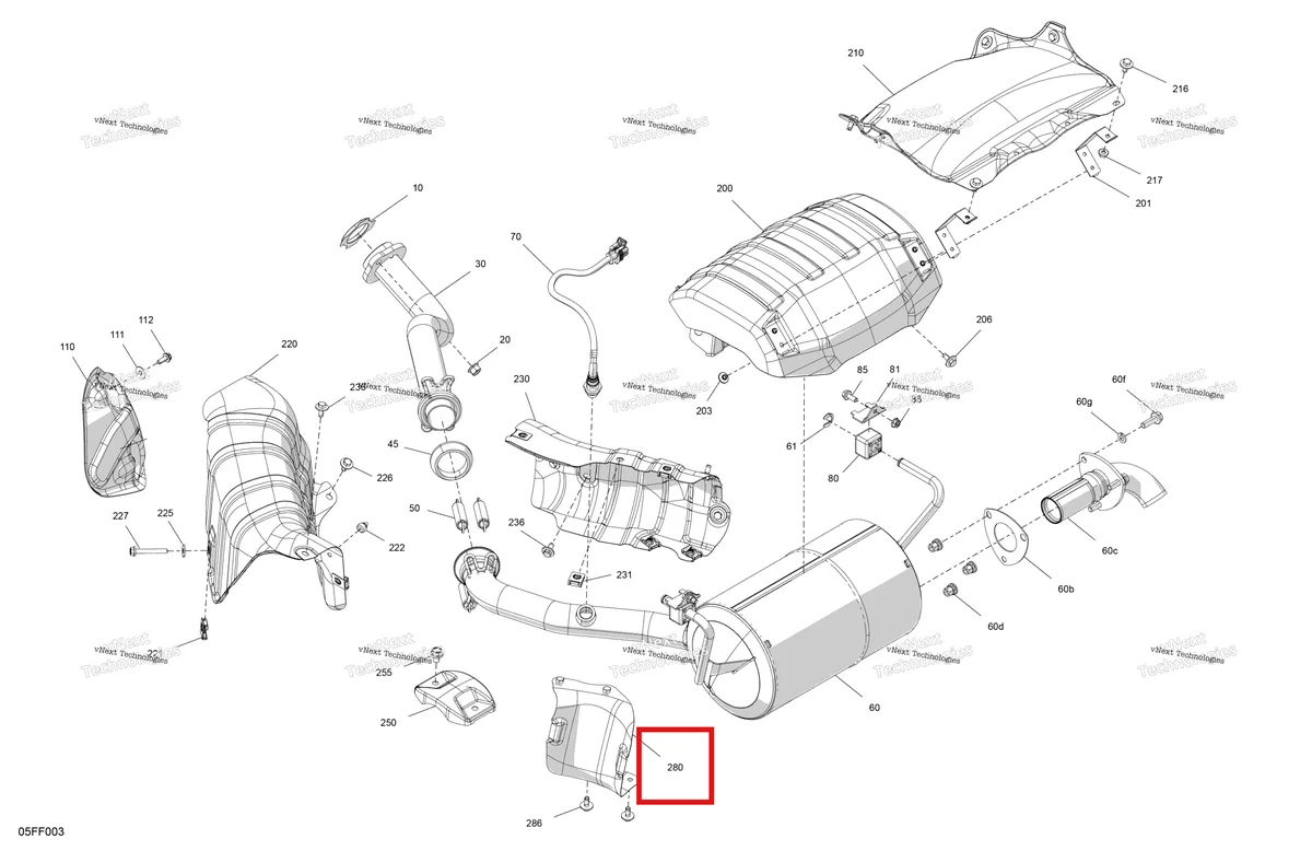 Деталь 707603006 (Теплозащитный экран Can-Am Outlander 4x4 XT 1000R (2025) (707603006)) на схеме узла 2026 Can-Am OUTLANDER - 4X4 - STD - 700 - 1CTC - Legion Red Engine - Exhaust