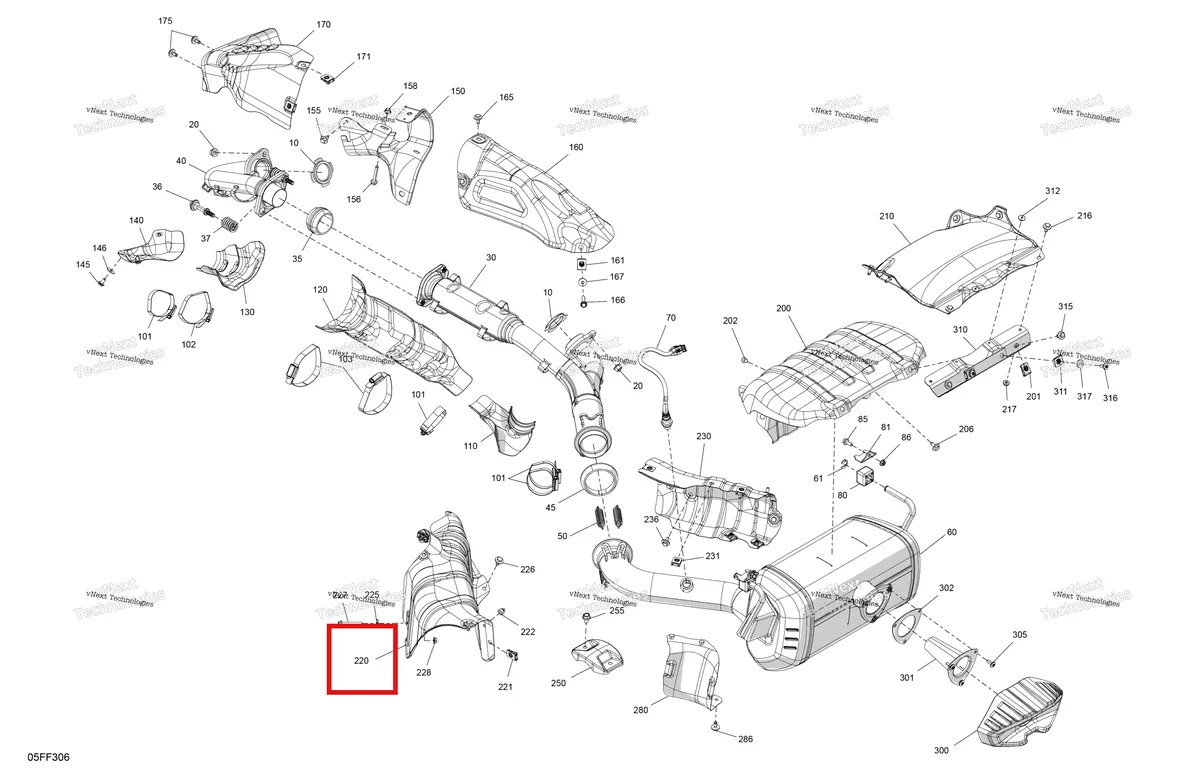 Деталь 707603237 (Теплозащитный экран Can-Am Outlander 4x4 XT 1000R (2025) (707603237)) на схеме узла 2026 Can-Am OUTLANDER - 4X4 - XT - 1000R - 4FTF - Compass Green Engine - Exhaust