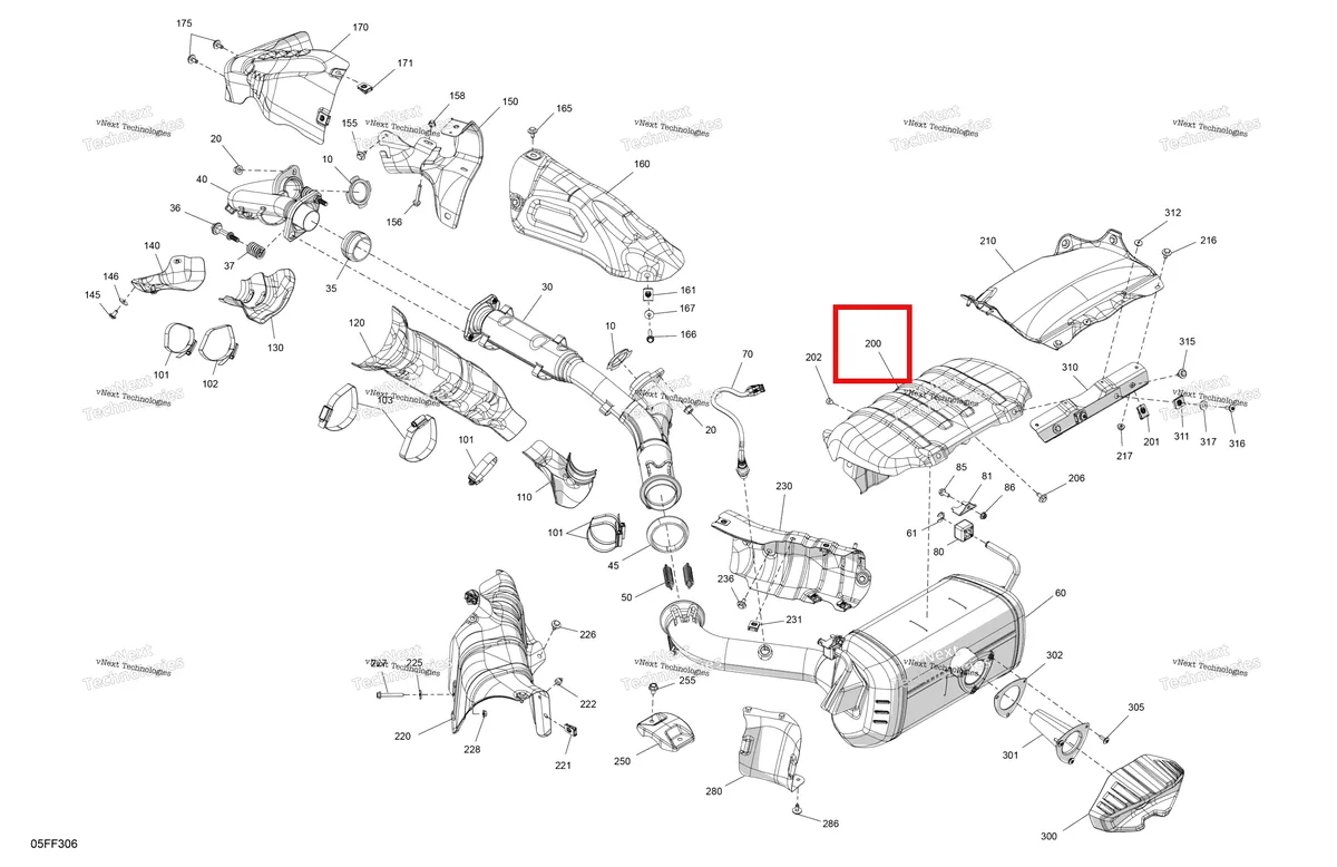 Деталь 707603239 (Теплозащитный экран Can-Am Outlander 4x4 XT 1000R (2025) (707603239)) на схеме узла 2026 Can-Am OUTLANDER - 4X4 - XT - 1000R - 4FTF - Compass Green Engine - Exhaust