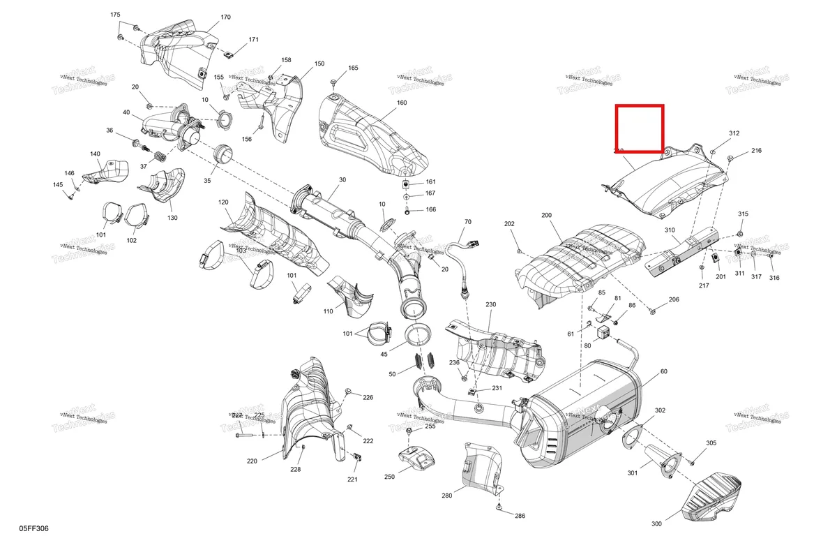 Деталь 707603607 (Теплозащитный экран опора Can-Am Outlander 4x4 XT 1000R (2025) (707603607)) на схеме узла 2026 Can-Am OUTLANDER - 4X4 - BACKCOUNTRY - 1000R - 4NTA - CALI - Dark Camo Engine - Exhaust
