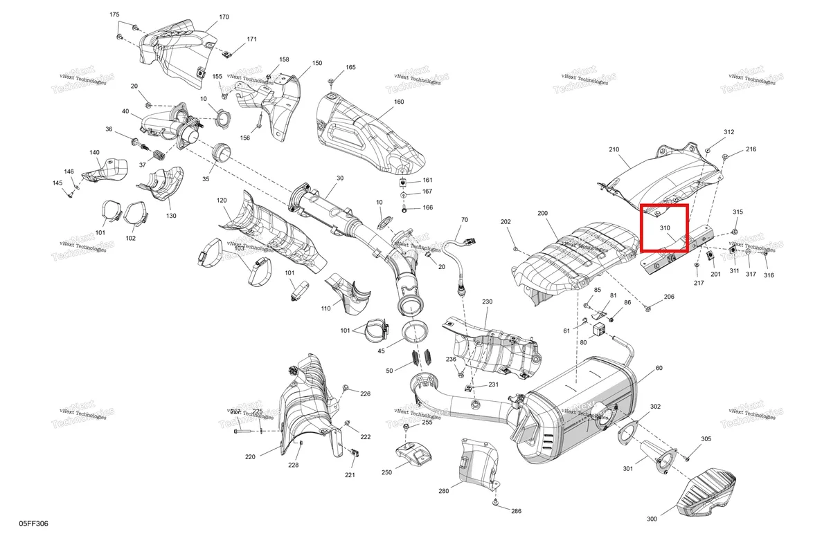 Деталь 707603767 (Теплозащитный экран опора Can-Am Outlander 4x4 XT 1000R (2025) (707603767)) на схеме узла 2026 Can-Am OUTLANDER - 4X4 - XT - 1000R - 4FTF - Compass Green Engine - Exhaust