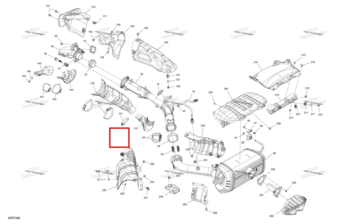 Деталь 707603775 (Компрессионный пружина Can-Am Outlander 4x4 XT 1000R (2025) (707603775)) на схеме узла 2026 Can-Am OUTLANDER - 4X4 - BACKCOUNTRY - 1000R - 4NTA - CALI - Dark Camo Engine - Exhaust