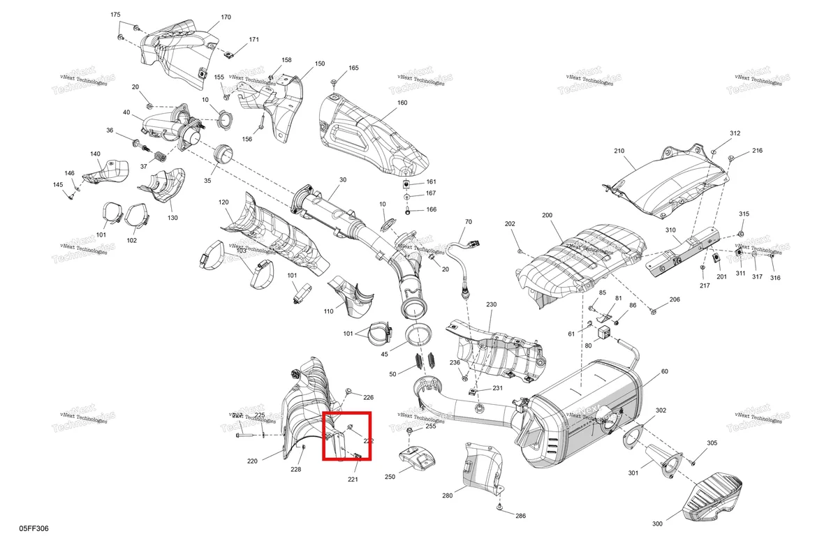 Деталь 707603821 (Теплозащитный экран Can-Am Outlander 4x4 XT 1000R (2025) (707603821)) на схеме узла 2026 Can-Am OUTLANDER - 4X4 - BACKCOUNTRY - 1000R - 4NTA - CALI - Dark Camo Engine - Exhaust