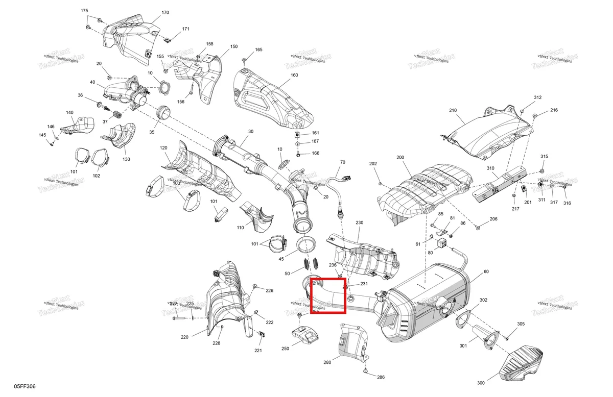 Деталь 707603822 (Теплозащитный экран Can-Am Outlander 4x4 XT 1000R (2025) (707603822)) на схеме узла 2026 Can-Am OUTLANDER - 4X4 - BACKCOUNTRY - 1000R - 4NTA - CALI - Dark Camo Engine - Exhaust