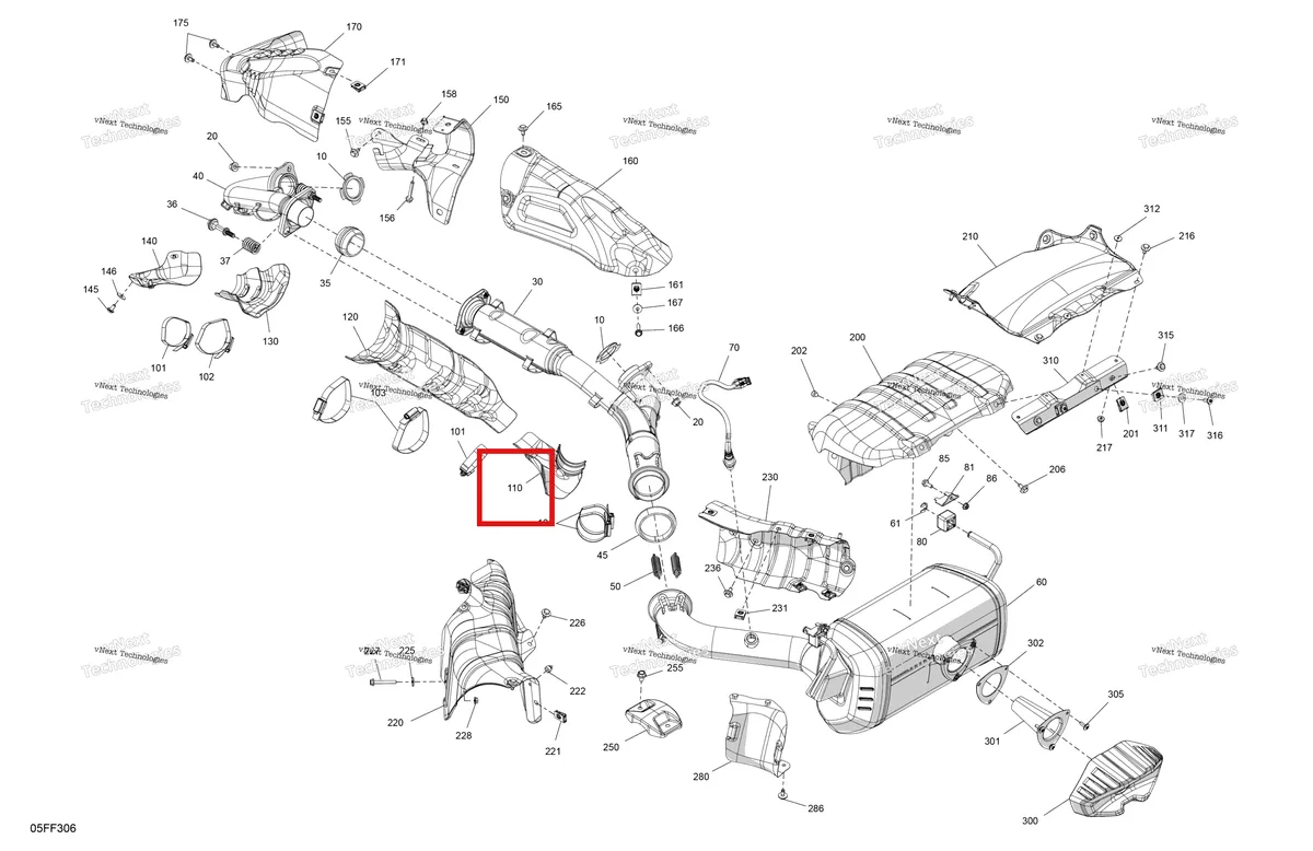 Деталь 707603823 (Теплозащитный экран Can-Am Outlander 4x4 XT 1000R (2025) (707603823)) на схеме узла 2026 Can-Am OUTLANDER - 4X4 - XT - 1000R - 4FTF - Compass Green Engine - Exhaust