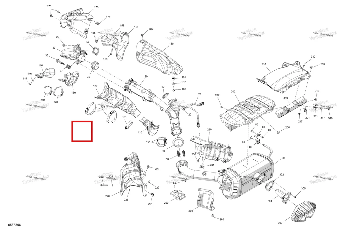 Деталь 707603845 (Теплозащитный экран Can-Am Outlander 4x4 XT 1000R (2025) (707603845)) на схеме узла 2026 Can-Am OUTLANDER - 4X4 - BACKCOUNTRY - 1000R - 4NTA - CALI - Dark Camo Engine - Exhaust