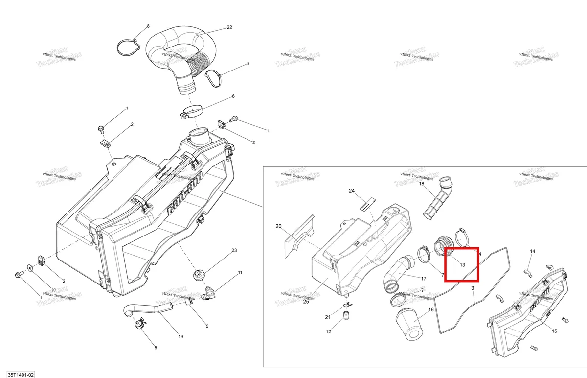 Деталь 707800177 на схеме узла 2014 Can-Am OUTLANDER 400 EFI, STD, XT Air Intake Silencer