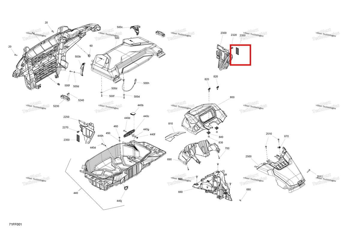 Деталь 707900799 (Защёлка Can-Am Outlander 4x4 DPS 700 (2025) (707900799)) на схеме узла 2026 Can-Am OUTLANDER - 2X4 - STD - 500 - 1KTB - Legion Red Body - Front Section