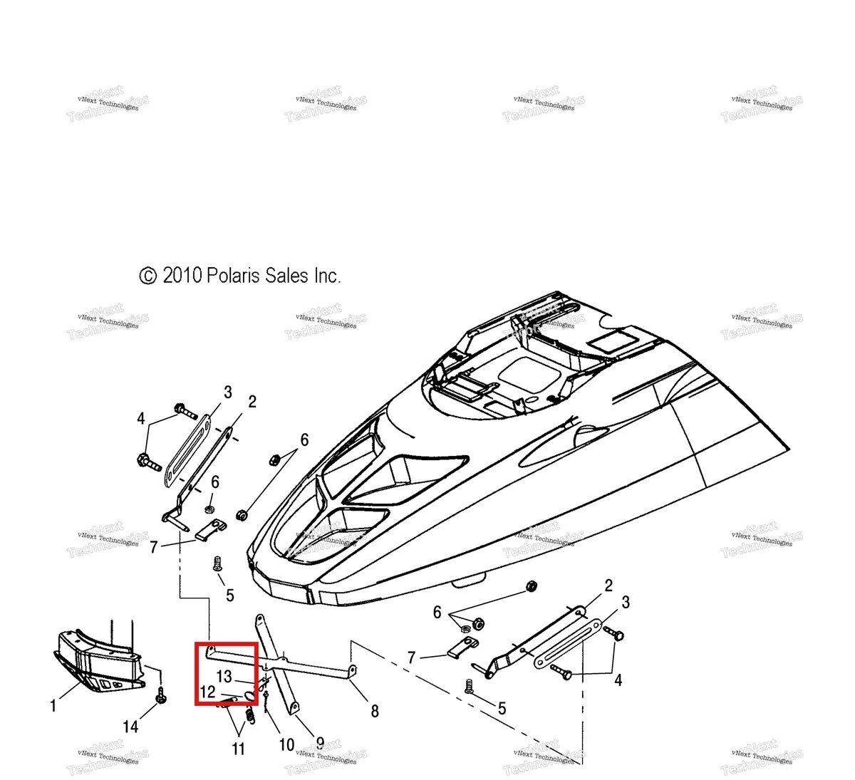 Деталь 7080372 (Хомут фиксатор Polaris Widetrak LX (2006) (7080372)) на схеме узла Body, Hood Hinge & Brace Asm. (49Snowhoodmtg11widelx