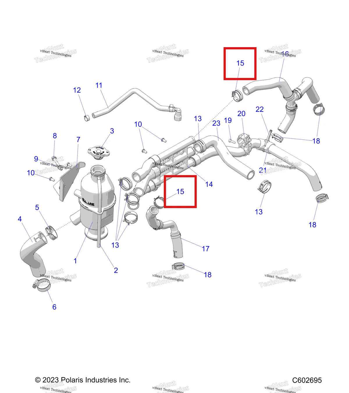 Деталь 7080842 (Хомут SPRINGBAND 29/12 чёрный Polaris Widetrak LX (2006) (7080842)) на схеме узла Engine, Coolant Bottle And Hoses