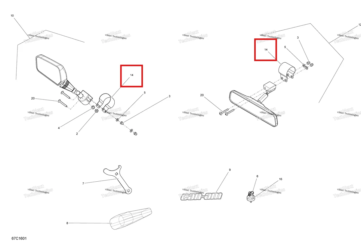 Деталь 708200185 на схеме узла 2016 Can-Am Commander - Commander MAX Mirrors And Tools