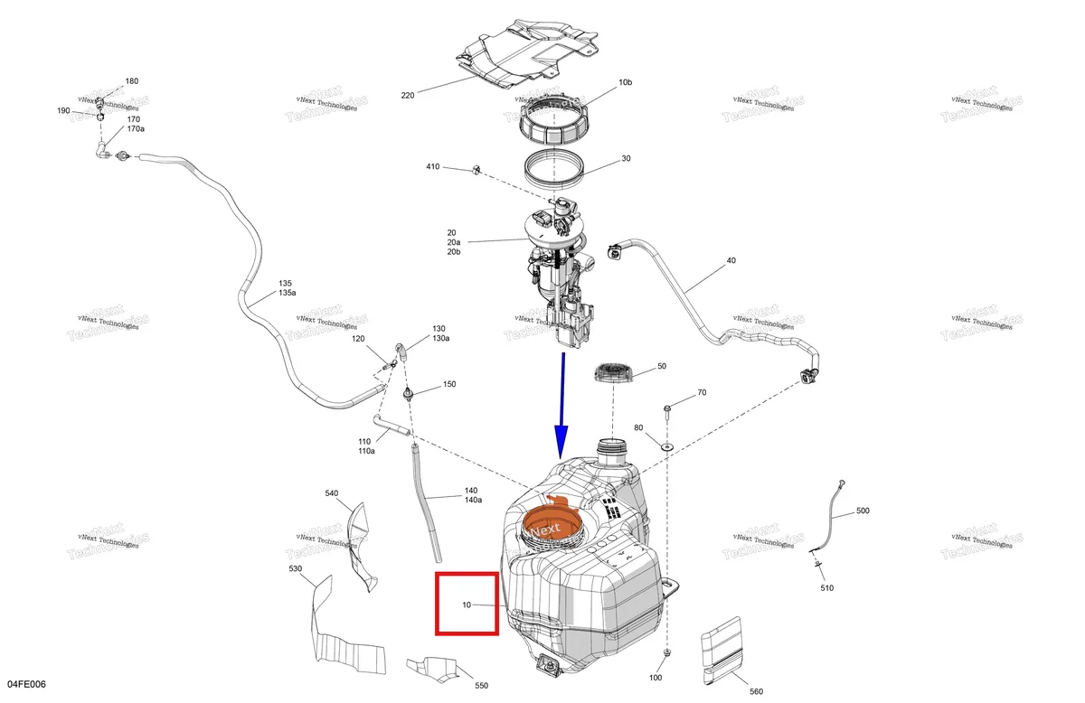 Деталь 709001182 (Топливный бак включает 10 to 10 b Can-Am Outlander 4x4 XT 1000R (2025) (709001182)) на схеме узла 2025 Can-Am OUTLANDER - 4X4 - STD - 700 - 1CSA - Granite Grey Engine - Fuel