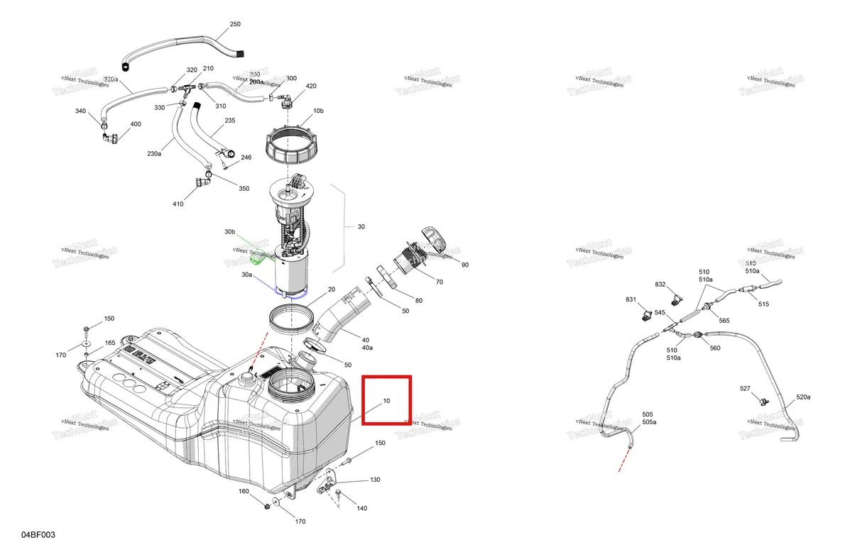 Деталь 709001674 (Топливный бак в сборе включает 10 to 10 b Can-Am Commander 1000R EFI XT (2026) (709001674)) на схеме узла 2026 Can-Am Commander MAX - 1000R EFI - XMR - 6CTD - Dark Wildland Camo - 64