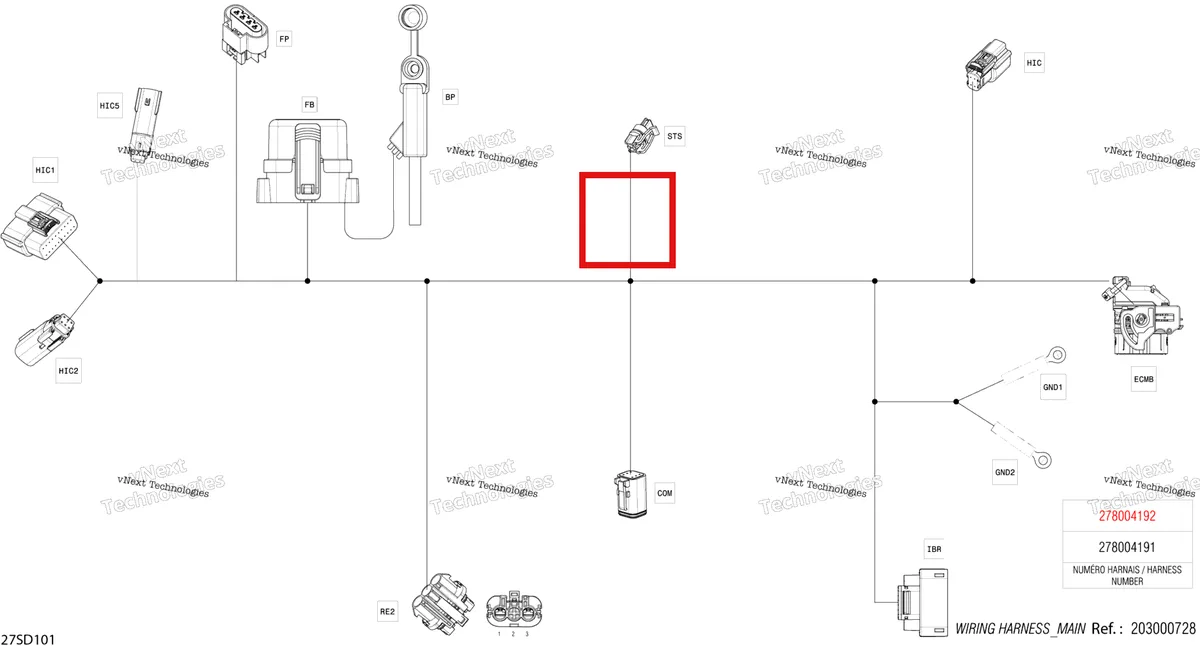 Деталь 710000743 (Деталь Little Fuse, 7.5 Amperes. Not Shown) на схеме узла 2024 Sea-Doo SPARK 900 ACE - 61RA - Base package - Sunrise Orange - 2UP Electric - Main Harness - 278004192