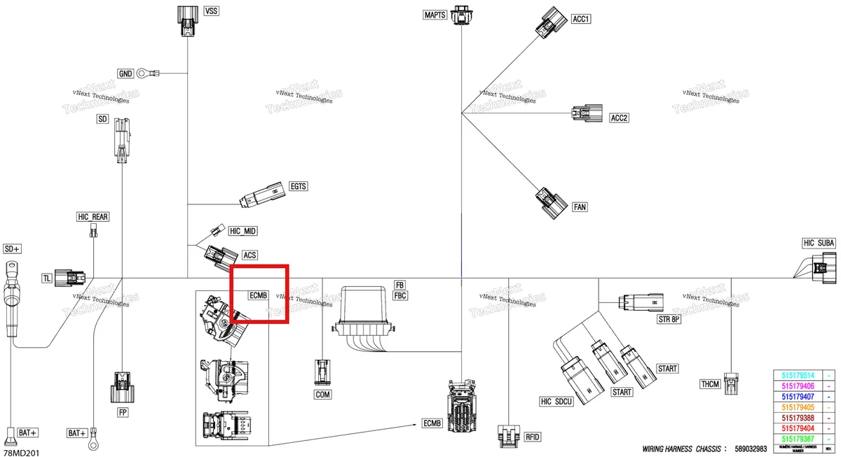 Деталь 710001590 (Деталь Female Terminal) на схеме узла 2024 Ski-Doo SUMMIT 600R E-TEC - Adrenaline - CERC - Catalyst Gray - 154X16X2.5PLF Track Electric - Main Harness - 515179387