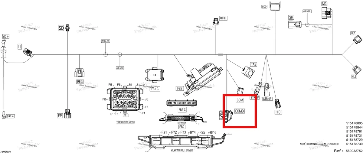 Деталь 710001967 (Деталь Molex Housing, 48 Circuits) на схеме узла 2024 Ski-Doo SKANDIC 900 ACE - LE - AHRA - Deep Black - 154X20X1.5CST Track Electric - Main Harness - 515178729