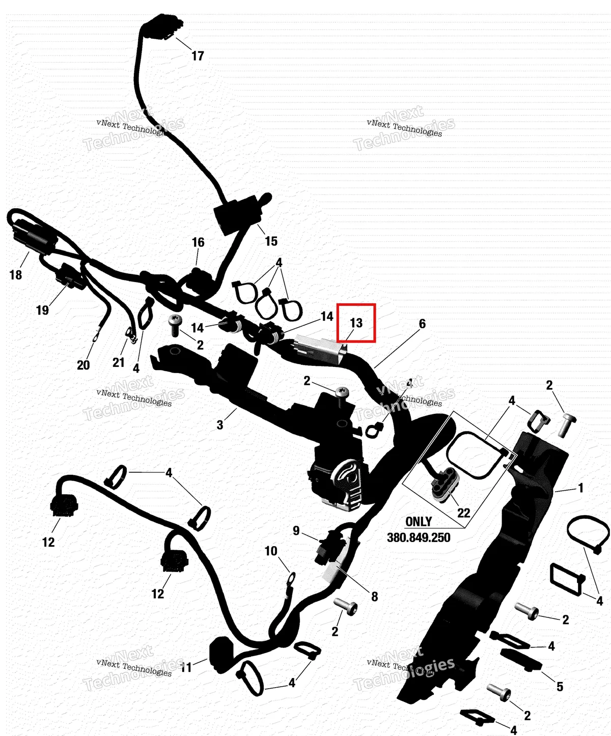 Деталь 710002063 на схеме узла 2018 Ski-Doo FREERIDE 850 E-TEC Engine Harness