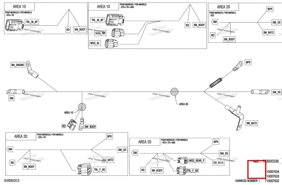 Деталь 710007632 на схеме узла 2022 Can-Am Maverick Trail 700 - BASE Electric - Voltage Regulator Wiring Harness - 710007632