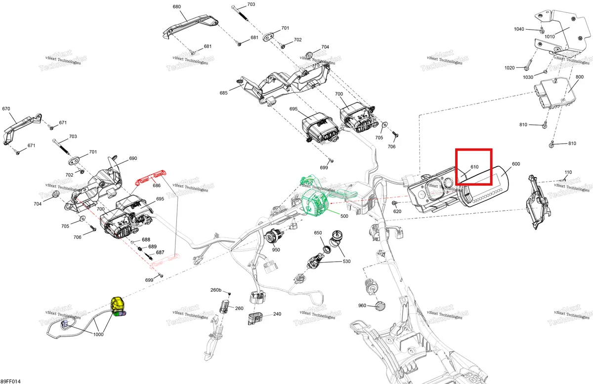 Деталь 710007694 (Int указатель опора Can-Am Outlander 4x4 DPS 700 (2025) (710007694)) на схеме узла 2026 Can-Am OUTLANDER - 2X4 - STD - 500 - 1KTB - Legion Red Electric - Front Section