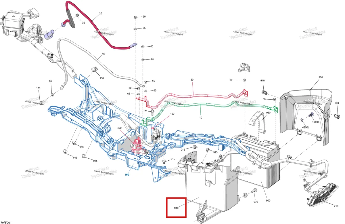 Деталь 710008195 (Аккумулятор опора Can-Am Outlander 4x4 XT 1000R (2025) (710008195)) на схеме узла 2026 Can-Am OUTLANDER - 4X4 - XT - 700 - 1GTB - CALI - Scandi Blue Electric - Rear Section