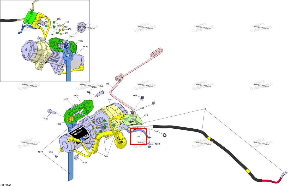 Деталь 710008878 (Минусовой трос Can-Am Outlander 4x4 XT 1000R (2025) (710008878)) на схеме узла 2026 Can-Am OUTLANDER - 4X4 - XT - 1000R - 4FTE - CALI - Compass Green Electric - Winch