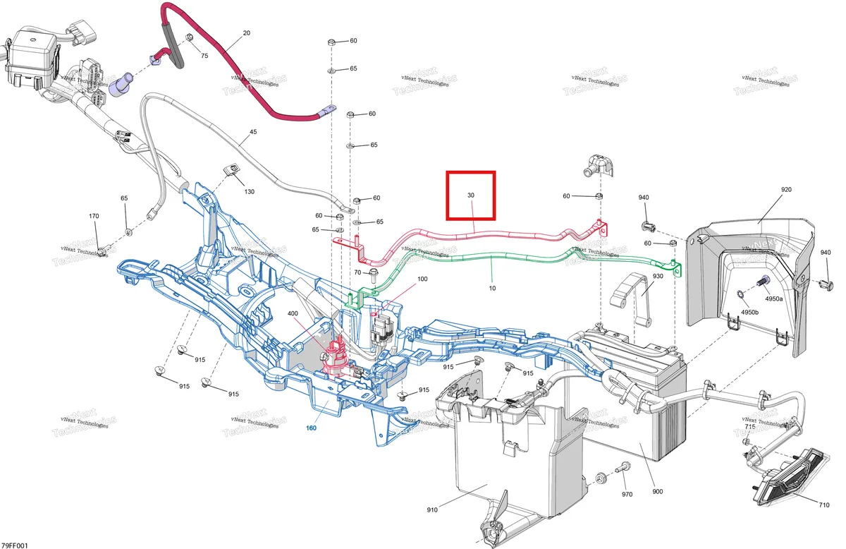 Деталь 710009368 (Плюсовой трос Can-Am Outlander 4x4 XT 1000R (2025) (710009368)) на схеме узла 2026 Can-Am OUTLANDER - 4X4 - XT - 700 - 1GTB - CALI - Scandi Blue Electric - Rear Section
